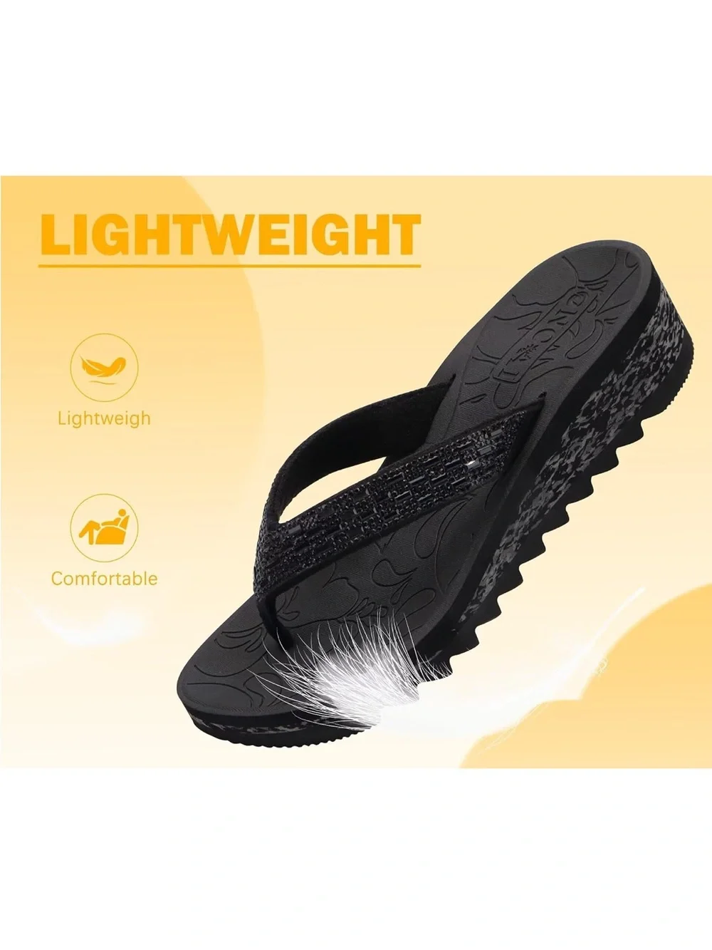 Oncai Black Wedge Rhinestone Flip Flop Sandals